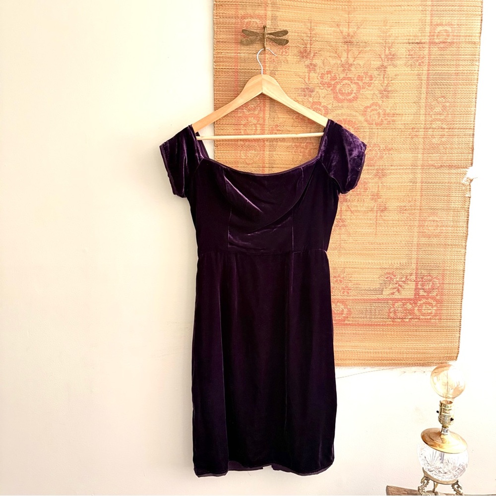 BCBG Max Azria Kerry Velvet Off Shoulder Plum Sheath Dress - Picture 2 of 9